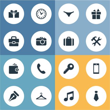 Vektör çizim basit araç simgeler kümesi. Öğeleri cep telefonu, saat, cüzdan ve diğer eş fotoğraf çekme, hediye ve Hediyelik.