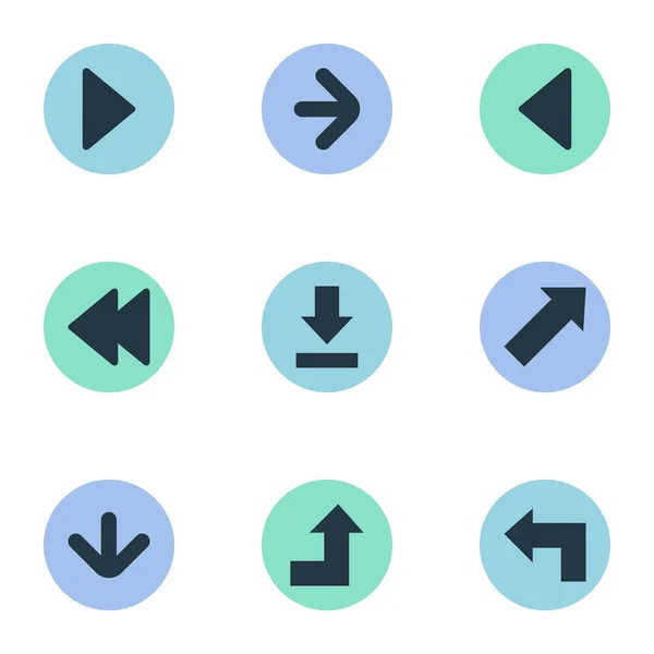 Illustrazione vettoriale Set di icone semplici cursore. Elementi di sinistra Punto di riferimento, Puntatore, Sinonimi di punto di riferimento destro Indietro, Giù e Scarica . — Vettoriale Stock
