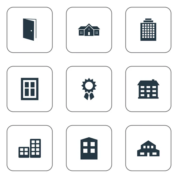 Vector illustratie Set van eenvoudige structuur iconen. Elementen bouw, verblijfplaats, woon- en andere synoniemen huis, appartementen en kantoren. — Stockvector
