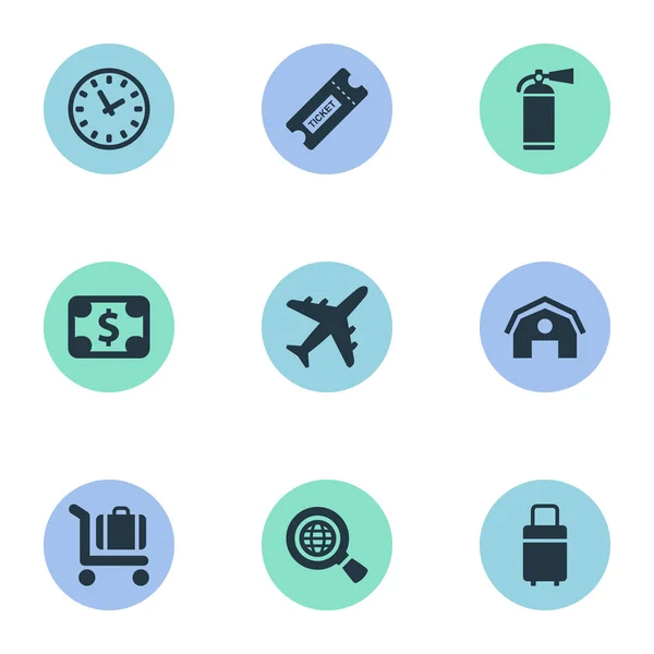 Vektor Illustration uppsättning enkel transport ikoner. Element klocka, resväska, Garage och andra synonymer tid, jorden och bagage. — Stock vektor