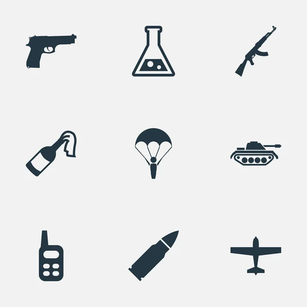 Vektor Illustration Set von einfachen Schlachtensymbolen. Elemente Bomber, Munition, Fallschirmjäger und andere Synonyme Waffe, Kommunikation und Waffe. — Stockvektor