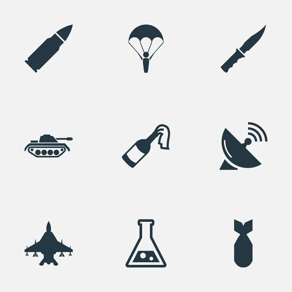 Vektor Illustration Set von einfachen Armee-Symbolen. Elemente Atomkraft, Himmelskraft, Fallschirmjäger und andere Synonyme Fallschirmspringer, Panzer und Chemie. — Stockvektor
