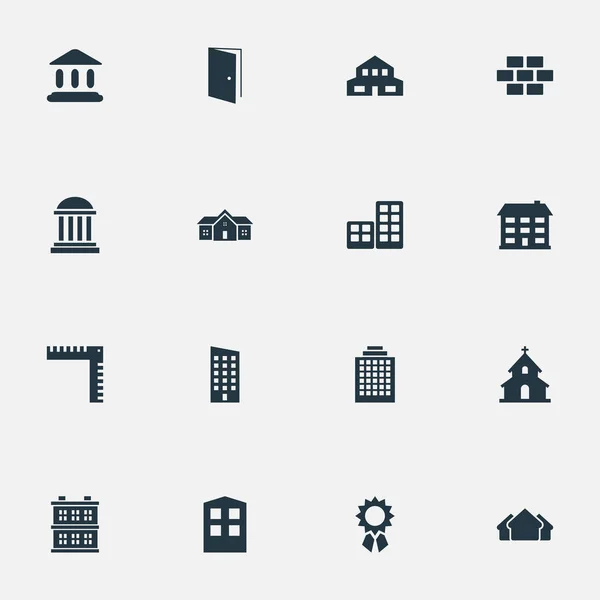 Vector Illustration Set of Simple Architecture Icons (en inglés). Elementos Longitud, Construcción, Oficinas y Otros Sinónimos Puerta, Oficinas y Cabaña . — Vector de stock