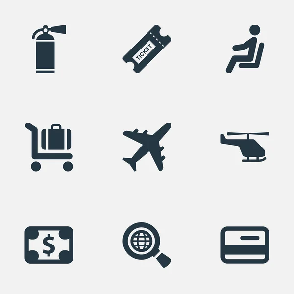 Wektor ilustracja zestaw ikon proste przejazd. Elementy transportu lotniczego, siedzenia, Global Research i inne synonimy pieniądze, wyszukiwania i Ziemia. — Wektor stockowy