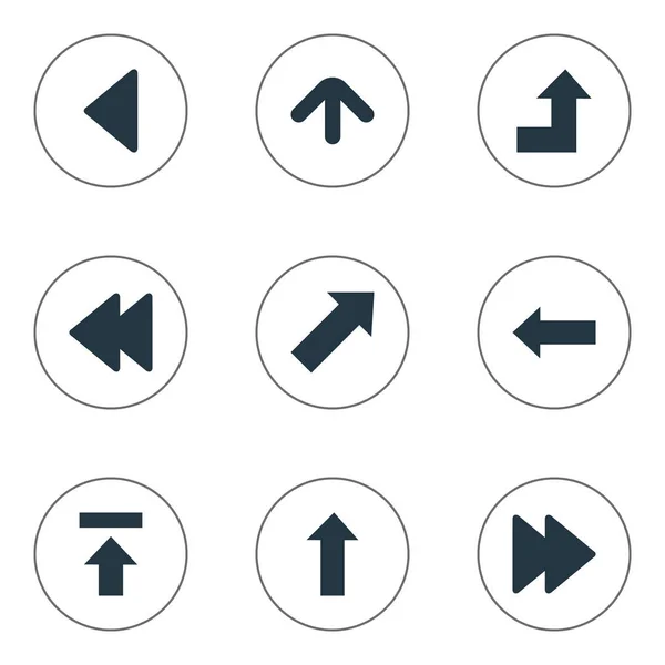 Vector illustratie Set van eenvoudige pijlen iconen. Elementen links Landmark, voorin, Indicator synoniemen, naar boven uploaden en rechts. — Stockvector