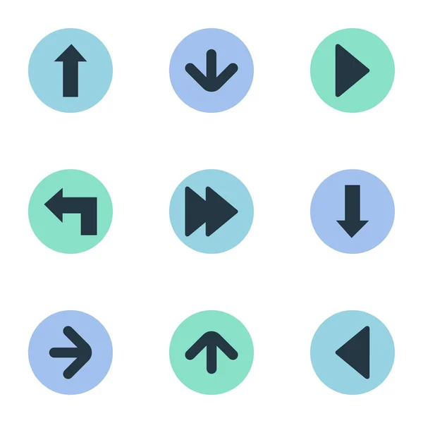 Conjunto de Ilustração Vetor de Ícones Indicador Simples. Elementos Direita Direção, Ponteiro, Marco Esquerdo Sinônimos Para cima, Apontando E Para A Frente . — Vetor de Stock