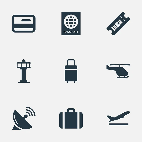 Векторный набор простых иконок аэропортов. Элементы купон, воздушный транспорт, Сумочка синонимы антенны, карты и самолет . — стоковый вектор