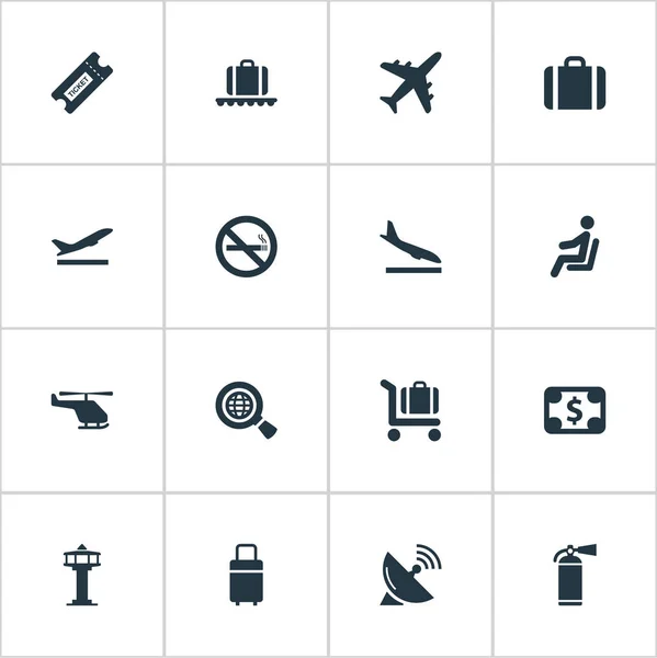 Vektorillustrationen mit einfachen Ebenen-Symbolen. Elemente Aussteigen Flugzeug, Schutzwerkzeug, Reisetasche und andere Synonyme Schutz, Koffer und Turm. — Stockvektor