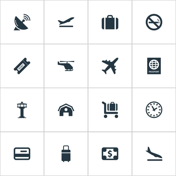 Vektor Illustration uppsättning enkel transport ikoner. Element kupong, valuta, cigarett förbjudet och andra synonymer bagage, pass och vagn. — Stock vektor