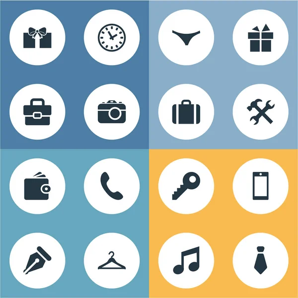 Vektor Illustration uppsättning enkla Instrument ikoner. Element mobiltelefon, tid, plånbok och andra synonymer som fotograferar, Present och gåva. — Stock vektor