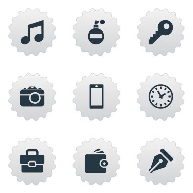 Vektör çizim basit aksesuarları simgeler kümesi. Öğeleri zaman, parola, müzik ve diğer eş anlamlı parola saat ve Diplomat.