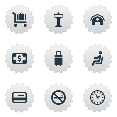 Vektör çizim basit ulaşım simgeler kümesi. Öğeleri koltuk, Sigara yasak, uçuş kontrol kulesi ve diğer eş döken, dur ve izle.