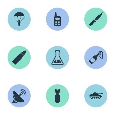 Vektör çizim basit savaş simgeler kümesi. Öğeleri Molotof, sinyal alıcı, mühimmat ve diğer eş anlamlı radyo, Tank ve madde işareti.