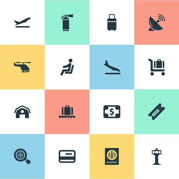 Vector Illustration Set Of Simple Travel Icons (dalam bahasa Inggris). Elemen Antena, Global Research, Protection Tool and Other Synonyms Ticket, Sitting And Baggage . - Stok Vektor