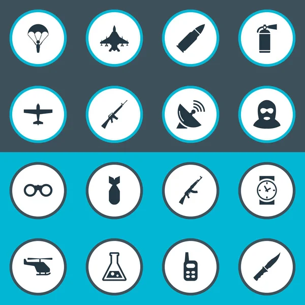 Vector illustratie Set van eenvoudige leger iconen. Elementen helikopter, Nuke, veld glazen en andere synoniemen Walkies, chemie en ontvanger. — Stockvector