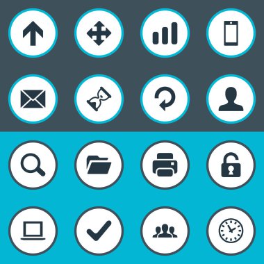 Vektör çizim basit bir uygulama simgeler kümesi. Öğeleri yukarı doğru yönü, açık asma kilit, onay ve diğer eş anlamlı kullanıcı klasör ve izle.