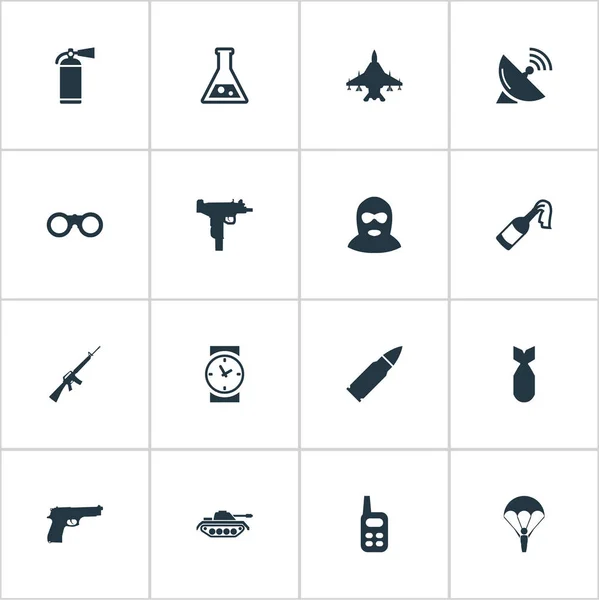 Vector illustratie Set van eenvoudige oorlog iconen. Elementen Molotov, Watch, Terrorist en andere synoniemen Clock, communicatie en Gun. — Stockvector