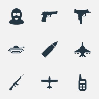 Vektör çizim basit terör simgeler kümesi. Öğeleri ağır silah, tüfek, tabanca ve diğer eş anlamlı ağır avcı ve bombardıman uçağı.