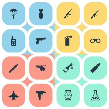 Vektör çizim basit savaş simgeler kümesi. Öğeleri radyoları, soğuk silahı, gökyüzü güç ve diğer eş anlamlı paraşütçü, laboratuvar ve boğmak.