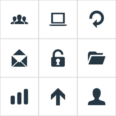 Vektör çizim basit Apps simgeler kümesi. Öğeleri topluluk, yukarı doğru yönü, zarf ve diğer eş anlamlı asma kilit, Laptop ve zarf.