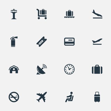 Vektör çizim basit Havaalanı simgeler kümesi. Öğeleri bagaj atlıkarınca, anten, Alighting uçak ve diğer eş Trolley, oturma ve çanta.