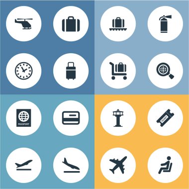 Vektör çizim sade seyahat etmek simge kümesi. Öğeleri Bagaj arabası, Alighting uçak, hava taşımacılığı ve diğer eş anlamlı dünya Vatandaşlık ve koruma.