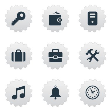 Vektör çizim basit aksesuarları simgeler kümesi. Öğeleri yüzük, parola, müzik ve diğer eş anlamlı cüzdanınızdan halka ve onarım.