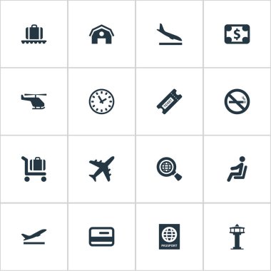 Vektör çizim basit uçak simgeler kümesi. Öğeleri kupon, kalkış, garaj ve diğer eş helikopter, saat ve kule.