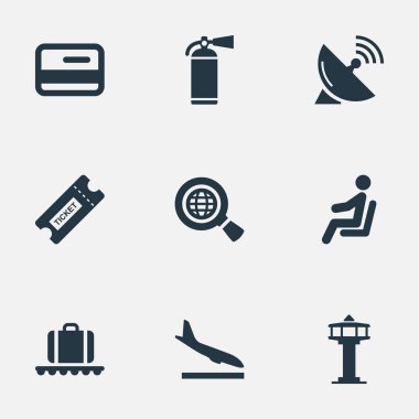 Vektör çizim basit ulaşım simgeler kümesi. Uçak, küresel araştırma, koltuk ve diğer eş anlamlı kupon Alighting elemanları plastik ve yangın.