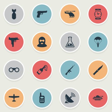 Vektör çizim basit askeri simgeler kümesi. Öğeleri tabanca, sinyal alıcı, kimya ve diğer eş anlamlı paraşütçü, destek ve M4a1.