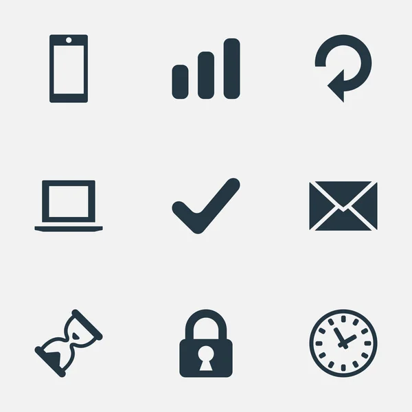 Vector illustratie Set van eenvoudige toepassing iconen. Elementen Watch, vernieuwen, laptop en andere mobiel synoniemen, hangslot en Ticker. — Stockvector