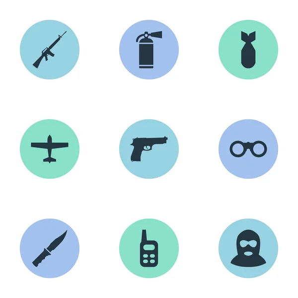 Vector illustratie Set van eenvoudige militaire iconen. Elementen brandblusser, pistool, Terrorist en andere synoniemen glazen, M4a1 en pistool. — Stockvector