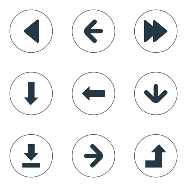 Vector Illustration Set Of Simple Arrows Icons. Elements Downwards Pointing, Left Landmark , Left Direction Synonyms Right, Ahead And Direction. — Stock Vector