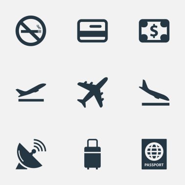 Vektör çizim basit uçak simgeler kümesi. Öğeleri anten, sertifika vatandaşlık, uçak ve diğer eş anlamlı Bagaj kalkış ve vatandaşlık.