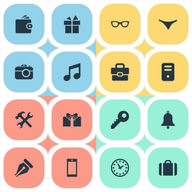 Vektör çizim basit araç simgeler kümesi. Öğeleri sistem birimi, iş çanta, iç çamaşırı ve diğer eş anlamlı gözlük, Diplomat ve çanta.