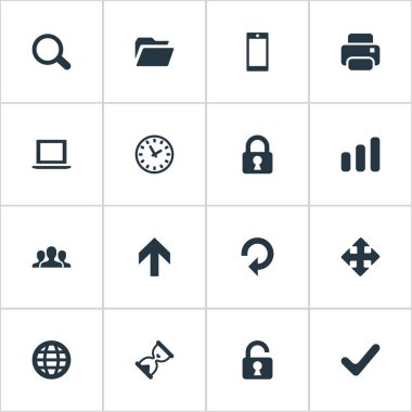 Vektör çizim basit bir uygulama simgeler kümesi. Öğeleri Büyüteç, açık asma kilit, istatistik ve diğer eş anlamlı Büyüteç klasörü ve Tamam.