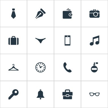 Vektör çizim basit araç simgeler kümesi. Öğeleri cüzdanınızdan, iç çamaşırı, dijital kamera ve diğer eş anlamlı müzikal, iç çamaşırı ve Diplomat.