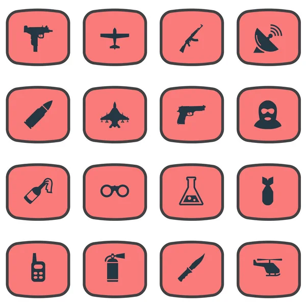 Vector illustratie Set van eenvoudige leger iconen. Elementen Walkies, chemie, Air bommenwerper en andere synoniemen vechter, bom en brandblusser. — Stockvector