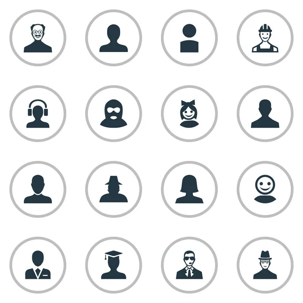 Illustrazione vettoriale Set di icone semplici membri. Elementi Uomo Con Cuffia, Ragazza Viso, Agente E Altre Sinonimi Piccolo, Uomo E Affari . — Vettoriale Stock