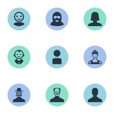 Vektör çizim basit Avatar simgeler kümesi. Öğeleri kadın kullanıcı, bıyıklı adam, içeriden ve diğer eş anlamlı suçlu adam ve işçi.