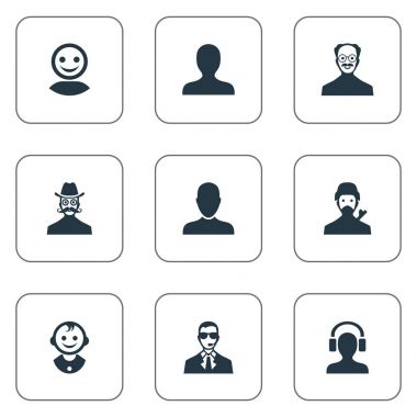 Vektör çizim basit üye simgeler kümesi. Öğeleri gizemli adam, Internet profili, genç tıraş makinesi ve diğer eş anlamlı çocuk erkek ve Web.