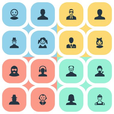 Vektör çizim basit Avatar simgeler kümesi. Öğeleri bıyık adam, Ajan, erkek kullanıcı ve diğer eş anlamlı proletarya, iş ve erkek.