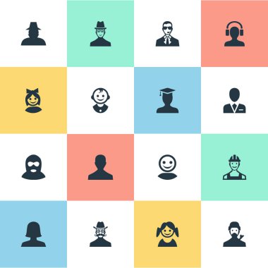 Vektör çizim basit insan simgeler kümesi. Öğeleri genç tıraş makinesi, suçlu, kulaklık ve diğer eş anlamlı genç erkekle bıyık ve suçlu.