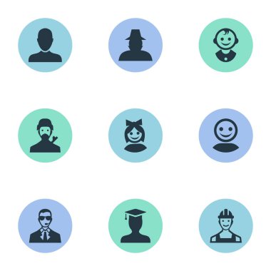 Vektör çizim basit insan simgeler kümesi. Öğeleri iş adam, gizemli adam, genç tıraş makinesi ve diğer eş küçük, kullanıcı ve koruma.