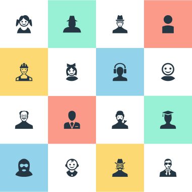 Vektör çizim basit üye simgeler kümesi. Öğeleri suçlu, kız yüz, gizemli adam ve diğer eş anlamlı Insider mezunu ve suçlu.