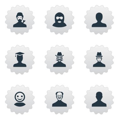 Vektör çizim basit Avatar simgeler kümesi. Öğeleri erkek kullanıcı, portre, bıyıklı adam ve diğer eş anlamlı bıyıklar, suçlu ve şapka.