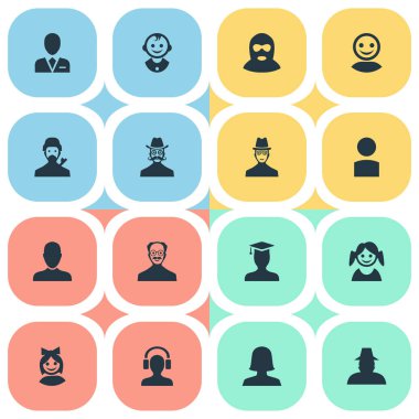 Vektör çizim basit üye simgeler kümesi. Öğeleri işçi, kulaklık, kız yüz ve diğer eş anlamlı Müfettiş, kulaklık ile erkek ve gizemli.