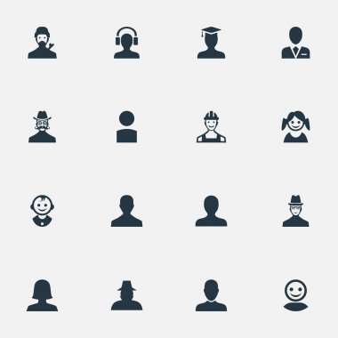 Vektör çizim basit insan simgeler kümesi. Öğeleri erkek kullanıcı, genç tıraş makinesi, erkek kulaklık ve diğer eş anlamlı Dedektif Müfettiş ve adam.