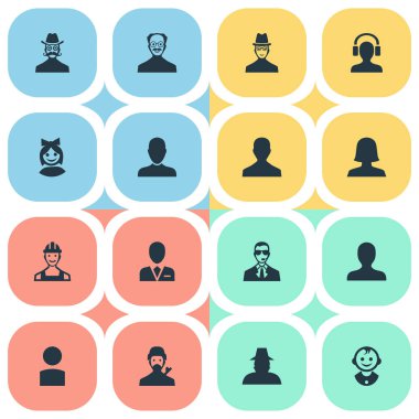 Vektör çizim basit insan simgeler kümesi. Öğeleri proletarya, Ajan, koruma ve diğer eş anlamlı işçi, gizemli ve Avatar.