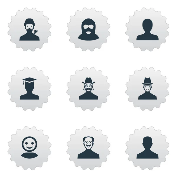 Illustrazione vettoriale Set di icone Avatar semplici. Elementi Utente maschile, Ritratto, Baffi Uomo e Altri Sinonimi Baffi, Colpevole e Cappello . — Vettoriale Stock